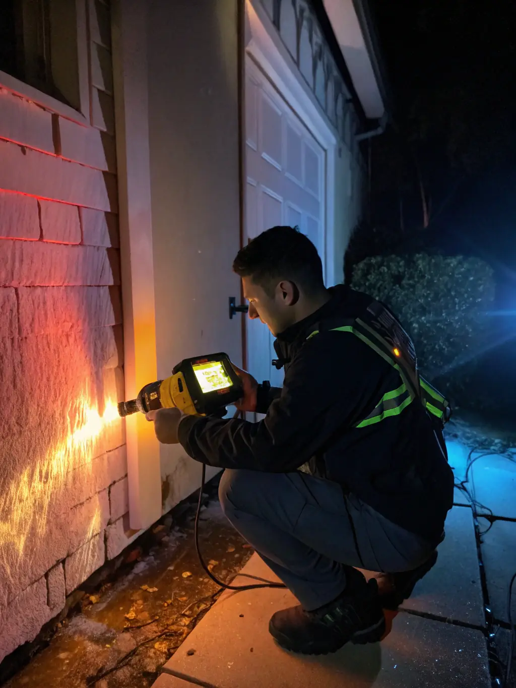 An image showing a Prokleen technician using thermal imaging to detect hidden water damage behind a wall, demonstrating the company's advanced diagnostic capabilities.