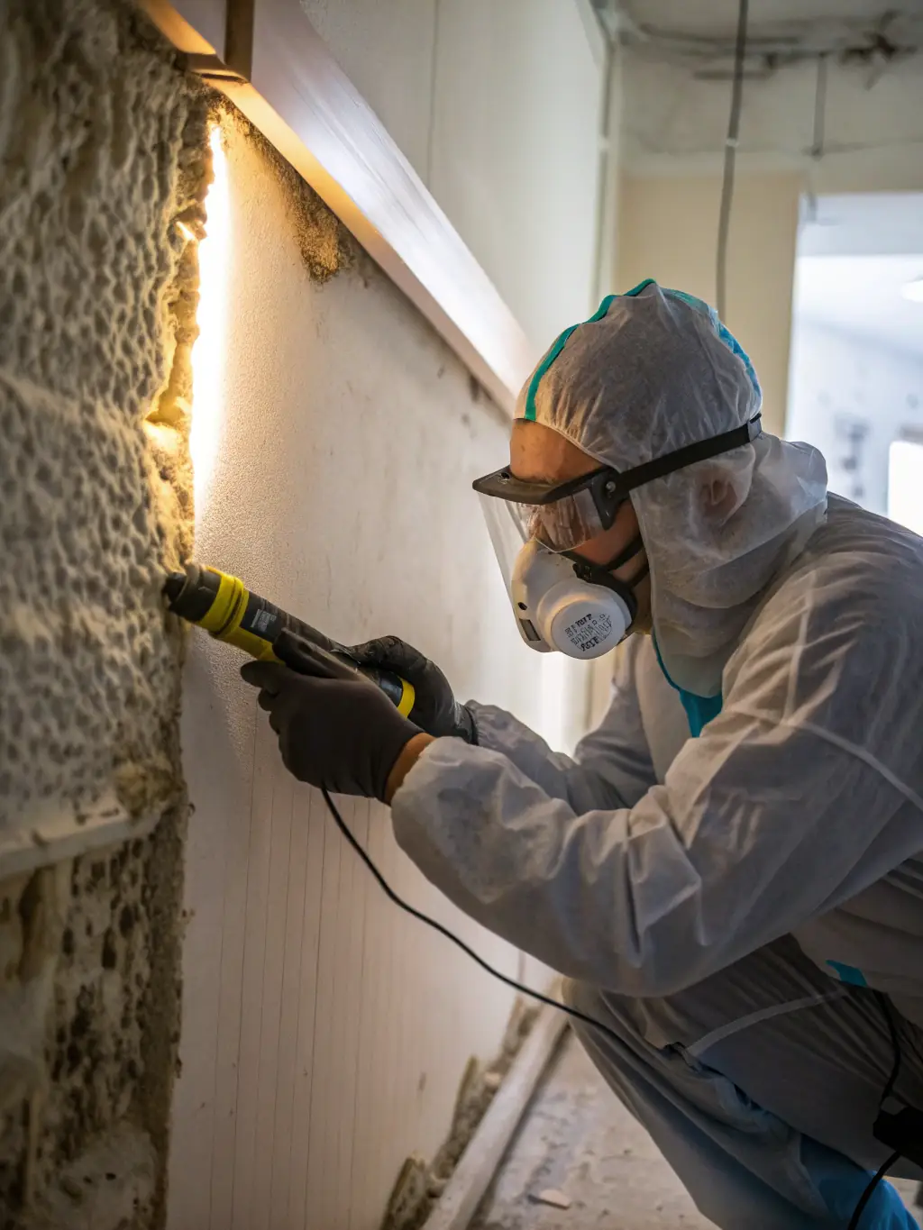 A detailed image of a Prokleen mold remediation specialist in full protective gear, carefully removing mold from a wall in a residential building, highlighting the safe and effective removal process.