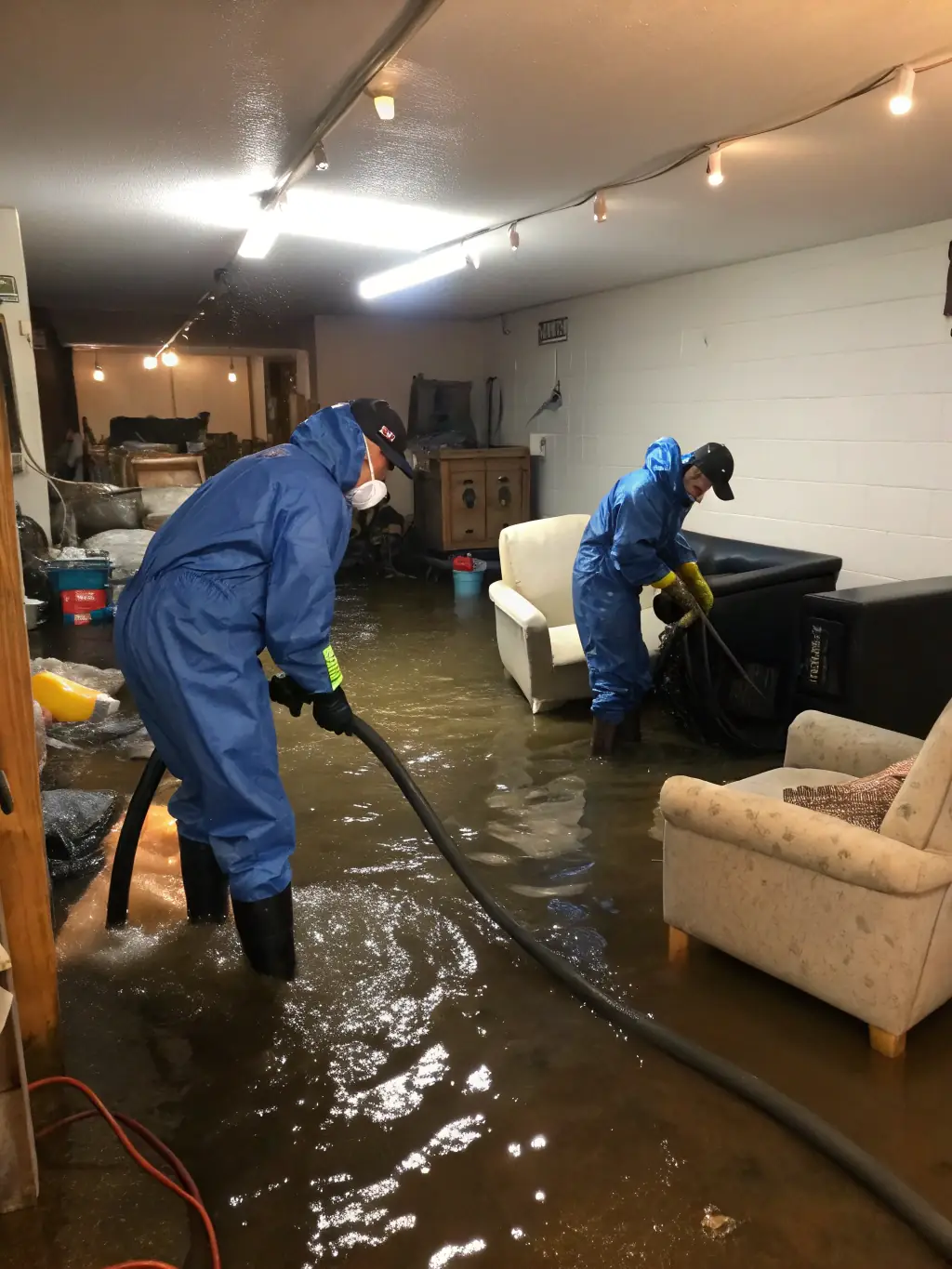 A high-quality image showing a Prokleen technician using advanced equipment to extract water from a flooded basement, emphasizing the rapid response and professional approach to water damage restoration.